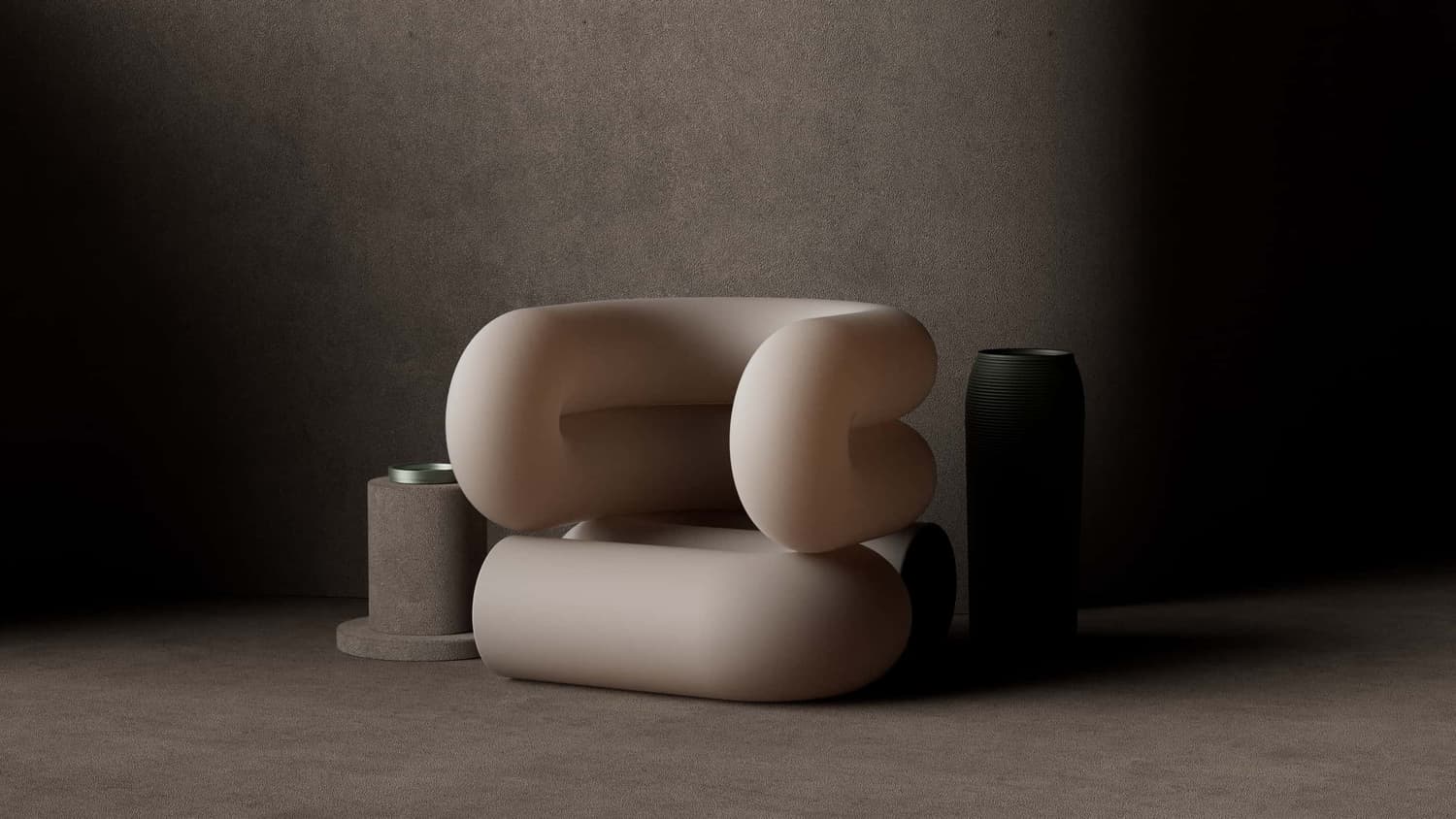 Sculptural furniture in a softly lit studio space